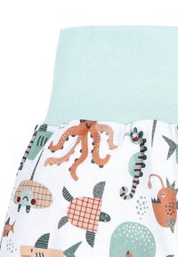 Gemusterter Kinderrock mit einem hellblauen elastischen Bund. Verfügt über aquatische Designs in Farben wie Koralle, Türkis und Creme.