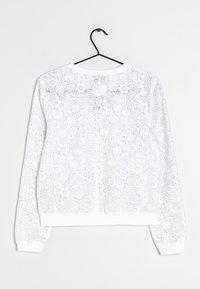 Biała bluza z haftem w kwiaty, okrągłym dekoltem i ściągaczami. Lekki materiał z delikatną teksturą i przezroczystymi fragmentami.