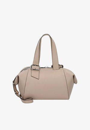 Borsa in pelle beige con forma arrotondata, doppio manico superiore e tracolla regolabile. Presenta dettagli in metallo color argento e accenti di design minimalisti.