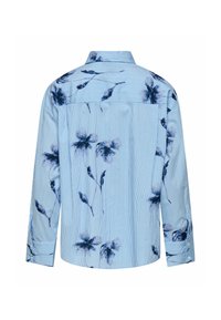 Chemise boutonnée bleu clair, présentant des rayures verticales et un motif floral bleu marine. Manches longues avec poignets à un seul bouton.