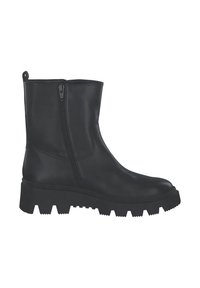 Stivaletti neri in pelle con zip laterale, suola in gomma spessa e un motivo testurizzato sul battistrada. Design elegante con una parte superiore robusta.