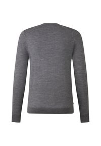 Dunkelgrauer Langarmpullover mit rundem Ausschnitt, gerippten Bündchen und Saum. Einfache Textur mit einem Strickmuster. Keine sichtbaren Verzierungen.