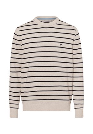 Beige Pullover mit dunkelblauen Streifen, Rundhalsausschnitt, gerippten Bündchen und Saum, mit einem kleinen Logo auf der Brust. Hergestellt aus weichem Strickmaterial.