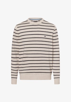Beige sweater with navy stripes, crew neckline, ribbed cuffs and hem, featuring a small logo on the chest. Made from soft knit material.