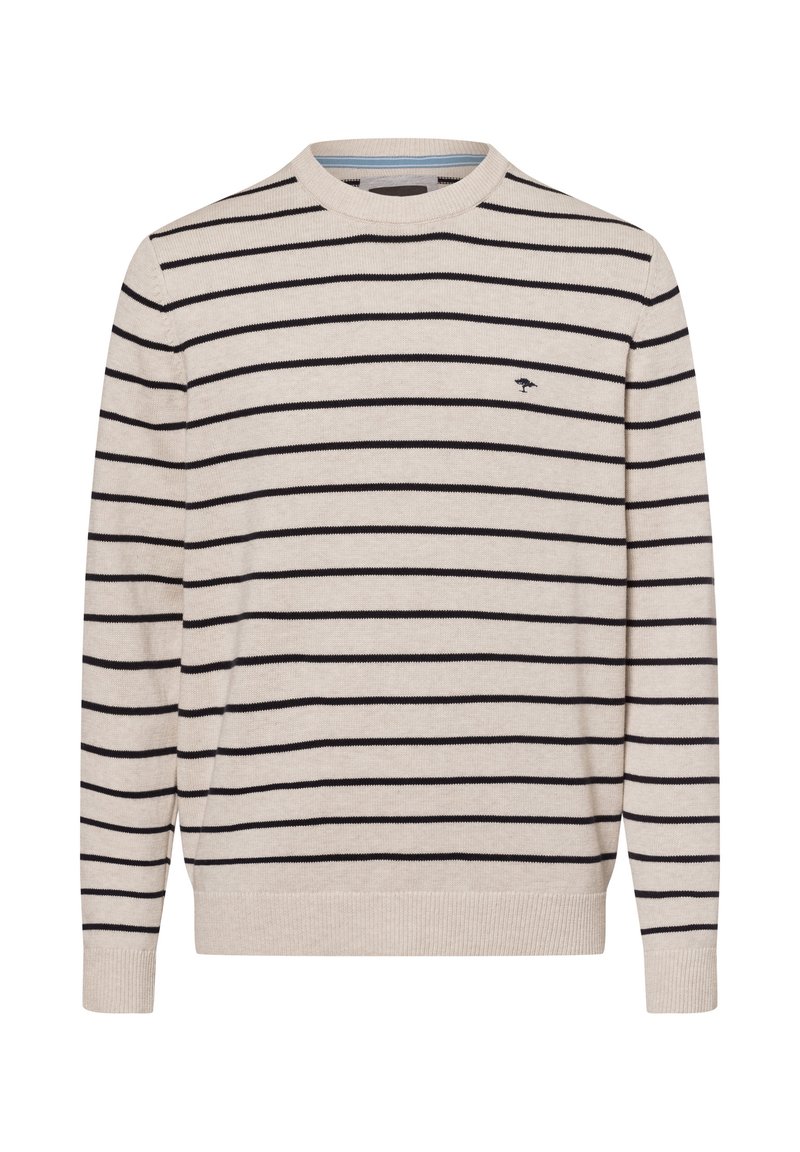 Beige Pullover mit dunkelblauen Streifen, Rundhalsausschnitt, gerippten Bündchen und Saum, mit einem kleinen Logo auf der Brust. Hergestellt aus weichem Strickmaterial.