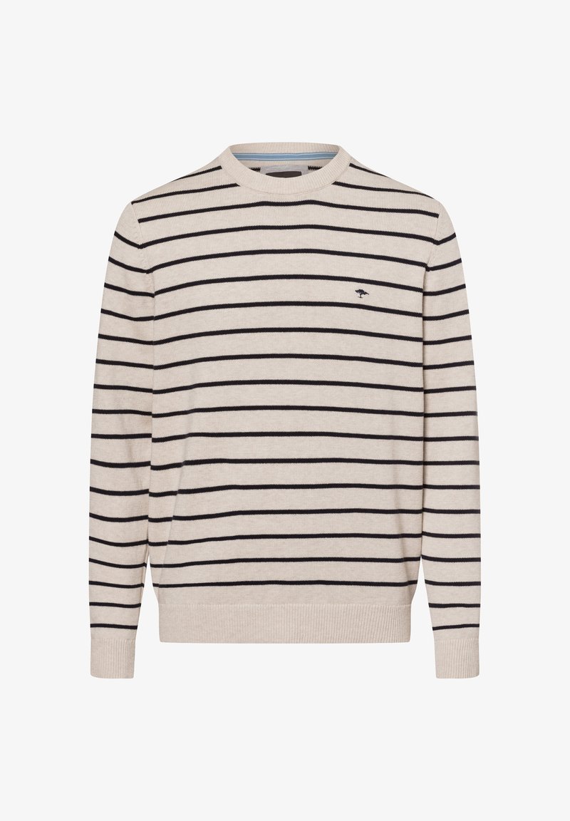 Beige trui met marineblauwe strepen, ronde hals, geribbelde manchetten en zoom, met een klein logo op de borst. Gemaakt van zacht tricotmateriaal.