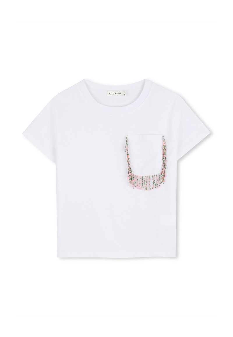 Wit T-shirt met korte mouwen en een zakje met kleurrijke kralen aan de rand van het zakje, een ronde halslijn en een comfortabele pasvorm.