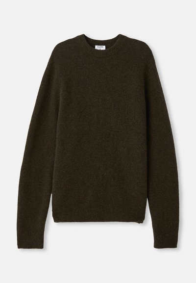 Sötétzöld kötött pulcsi kerek nyakkal, hosszú ujjakkal és bordázott szegélyekkel. Puha, textúrált gyapjú keverékből készült.