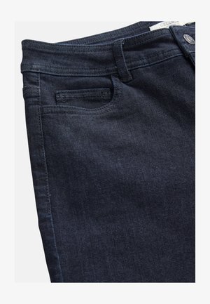 Mørkeblå denimjeans med en glat tekstur, der har en standard livvidde, lille forlommer og minimale syninger.