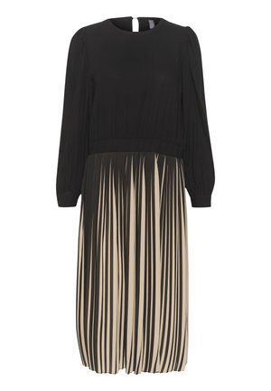 Robe noir et beige avec un col rond, une taille froncée, des manches longues et une jupe plissée avec des rayures verticales.