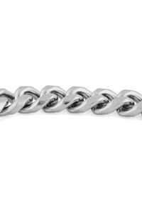Silver chain with twisted links, featuring a polished finish. The links have a hexagonal shape, creating a textured and reflective appearance.