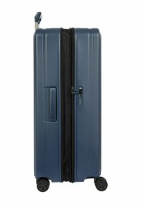 Marineblaue Hartschale-Reisetasche mit strukturierten Oberflächen, schwarzem Reißverschluss, Zahlenkombinationsschloss, seitlichem Griff und vier Rollen für Mobilität.