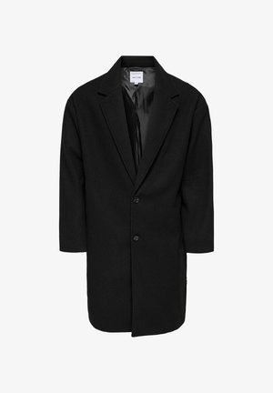 Black oversized coat with a notched lapel, two buttons, and three-quarter sleeves; made of textured fabric with a smooth interior lining.