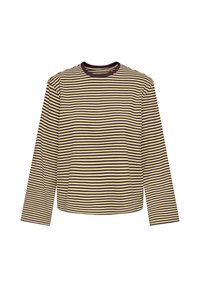 Chemise à manches longues avec fines rayures horizontales marron foncé et beige et un col rond marron foncé.