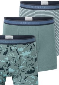 Cotton boxer briefs in teal with a dinosaur pattern, solid teal, and striped designs. Features a dark blue elastic waistband with logo.
