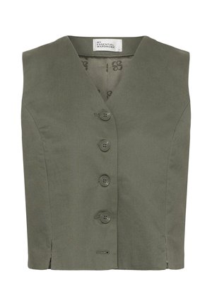 Ujjatlan, olíva zöld gombos mellény V-nyakkal és "My Essential Wardrobe" felirattal a belső galléron.