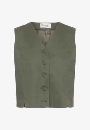 Ujjatlan, olíva zöld gombos mellény V-nyakkal és "My Essential Wardrobe" felirattal a belső galléron.