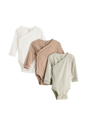 Drei langärmelige Bodysuits in Weiß, Beige und Hellgrün. Aus Baumwollmaterial mit Wickeldesign und Druckknöpfen im Schritt.