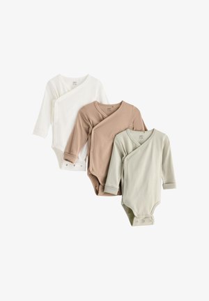 Tre body a maniche lunghe nei colori bianco, beige e verde chiaro. Materiale in cotone con design avvolgente e chiusure a scatto alle gambe.