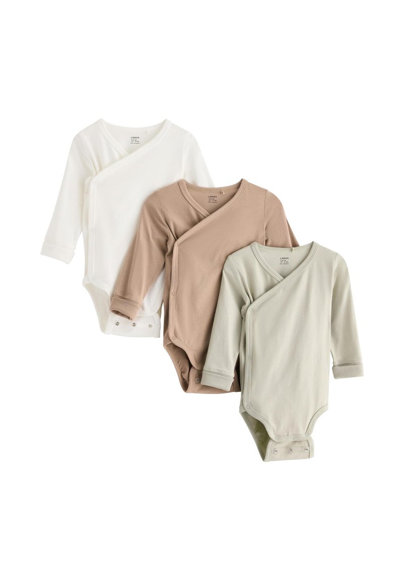 Tre langermede bodysuits i hvit, beige og lys grønn. Laget av bomull med innpakningsdesign og trykknapper ved bena.