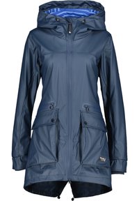 Granatowy wodoodporny parka z kapturem, dwoma przednimi kieszeniami, zapięciem na zamek oraz wewnętrzną podszewką w paski. Gładka faktura z regulowanymi sznurkami.