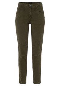 Pantalons ajustés olive en mélange de coton. Présente des poches avant et des accents aux genoux. Texture lisse avec une silhouette slim.