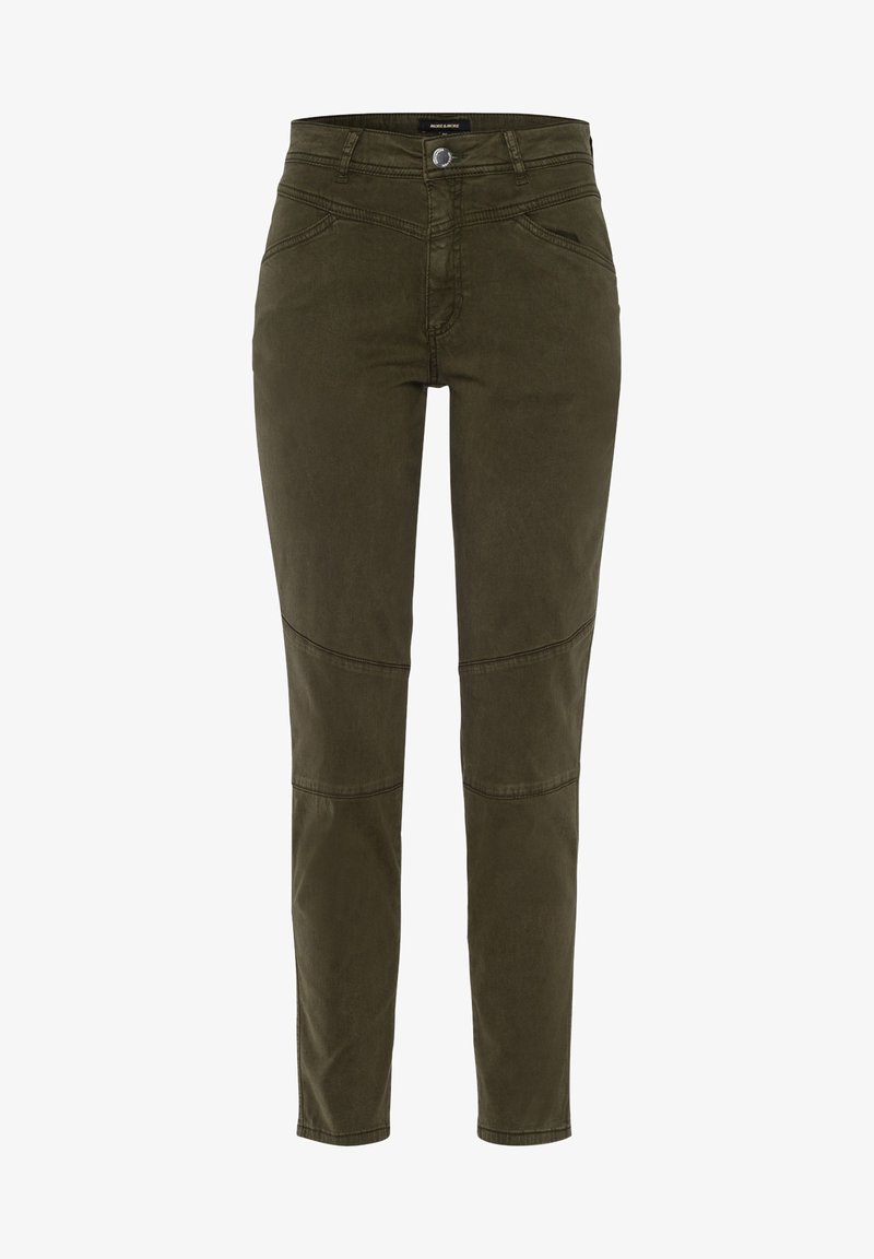 Pantalons ajustés olive en mélange de coton. Présente des poches avant et des accents aux genoux. Texture lisse avec une silhouette slim.