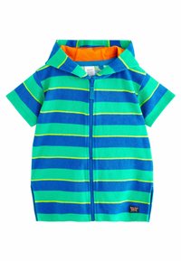 Hættezip-shirt i blå og grønne striber med gule accenter. Lavet af blødt, tekstureret stof; har et livligt orange for.