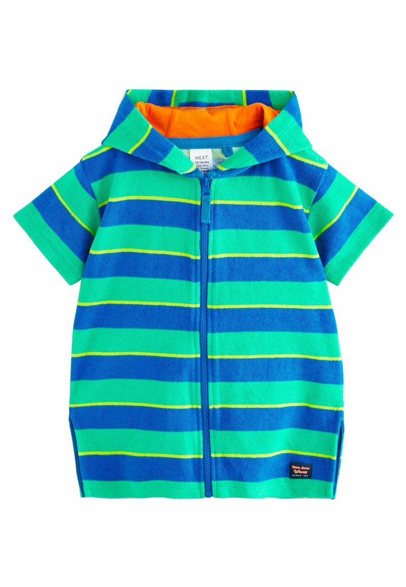 Hættezip-shirt i blå og grønne striber med gule accenter. Lavet af blødt, tekstureret stof; har et livligt orange for.