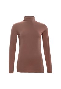 Langärmliges, Turtleneck-Top aus leichtem, weichem Terrakotta-Stoff mit figurbetonter Silhouette und glatter Textur. Keine Muster oder Verzierungen.
