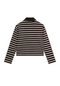 Maglietta a maniche lunghe a righe bianche e nere con colletto, caratterizzata da un design cropped e un tessuto morbido e testurizzato.