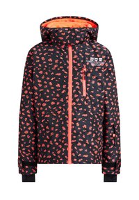 Svart jacka med ett heltäckande rödblommigt mönster, utrustad med huva, fickor med dragkedja och en orange innerfoder.