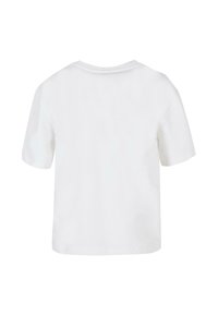T-shirt blanc à manches courtes en coton. Il présente un col rond et une coupe décontractée. La vue arrière montre qu'il n'y a pas de motifs ou d'accents supplémentaires.
