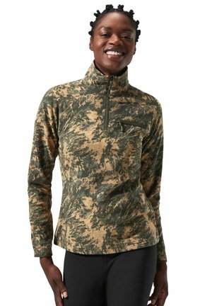 Fleece pullover met een kwart-rits, voorzien van een groen en bruin camouflagepatroon, een zachte textuur en een borstzak met rits.