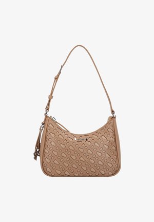 Bolso de hombro de cuero beige con patrón geométrico recortado, correa ajustable y logo BOSS plateado en el frente.