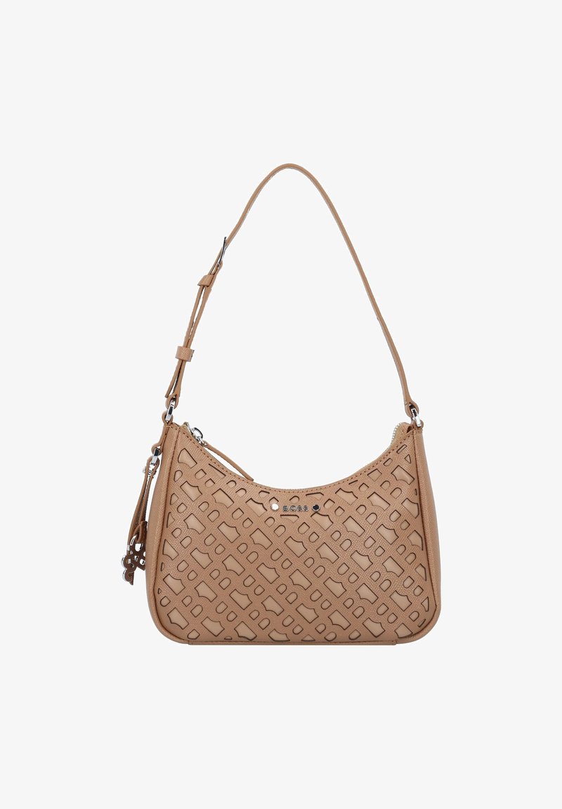 Sac d'épaule en cuir beige avec motif géométrique découpé, bandoulière ajustable et logo BOSS argenté sur le devant.
