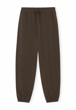 Bruna mjukisbyxor med dragsko och elastiska muddar, tillverkade av lätt tyg, med en avslappnad passform och subtil textur.