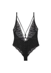 Bodysuit de encaje negro con intrincados patrones en forma de ola, escote en V profundo, correas ajustables y diseño de tanga en la parte trasera. Textura suave y ligero.