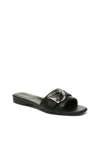 Black slide sandal with wide textured strap, silver buckle accent, and flat sole. Smooth finish and low-profile design.
