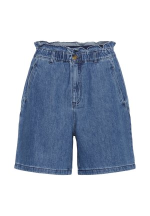 Denim shorts met een hoge taille, lichtblauwe kleur, versleten tailleband en klassieke vijf-pocketontwerp. Soepele textuur en een ontspannen pasvorm.