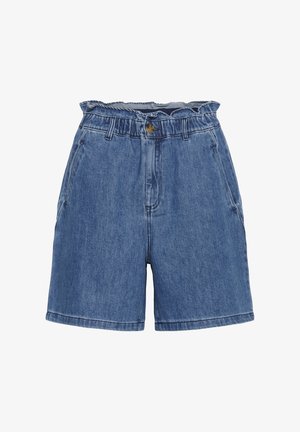 Shorts in denim a vita alta, color azzurro chiaro, con cintura sfilacciata e design classico a cinque tasche. Tessuto liscio e vestibilità rilassata.