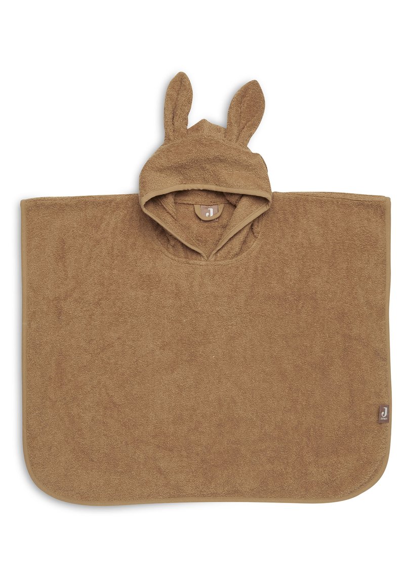 Bruine capuchonponcho van zachte, gestructureerde stof met konijnenoren. Heeft een gebogen zoom en een label aan de rechteronderzijde.