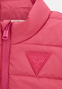 Rosa Puffermantel mit glatter Textur, ausgestattet mit einem Frontreißverschluss und einem erhöhten Gummilogo-Patch auf der Brust.