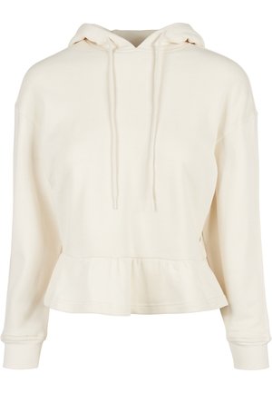 Cremefarvet kvindesweatshirt med lange ærmer, snøre foran og peplumkant.
