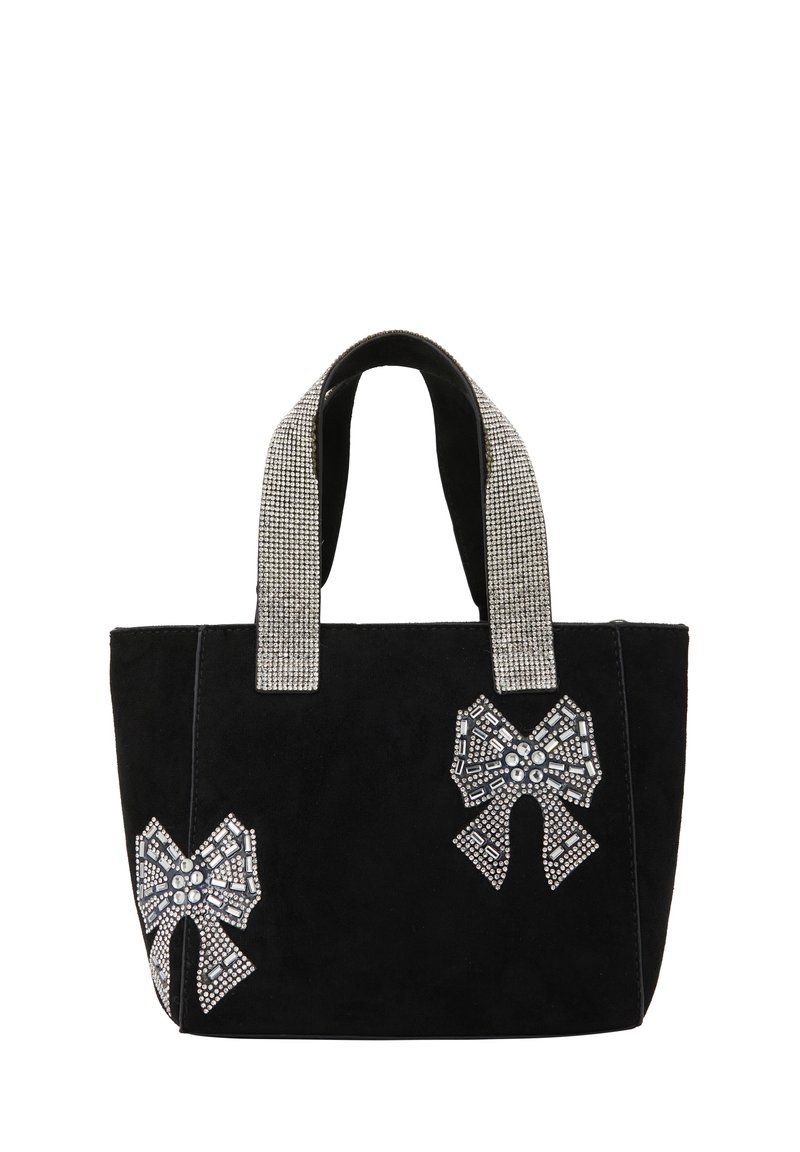 Fekete velúr táska, két díszes, kristályokkal ékített masnival és strasszokkal díszített fogantyúkkal. Kompakt, téglalap alakú.