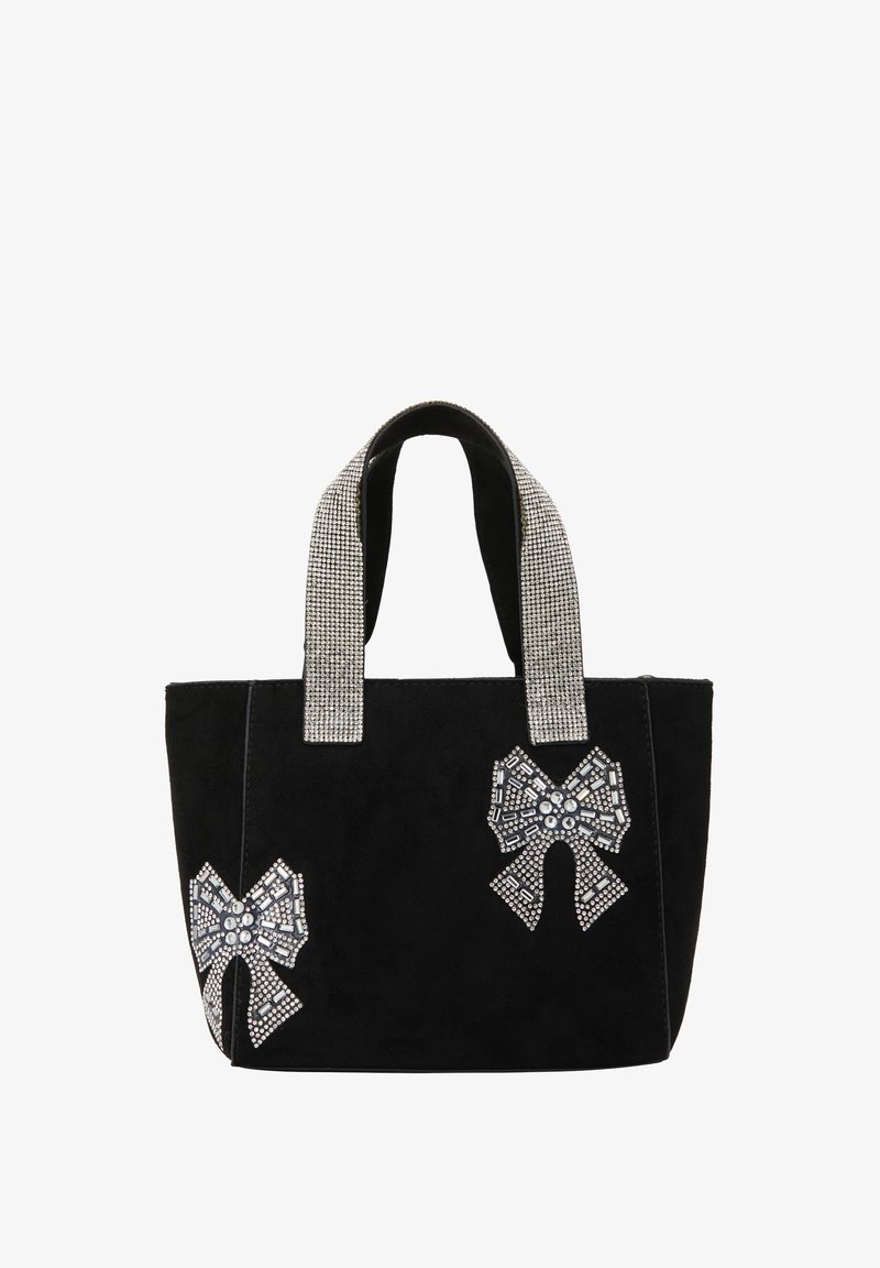Borsa tote in suede nera con due fiocchi decorativi impreziositi da cristalli e manici con strass. Forma rettangolare compatta.