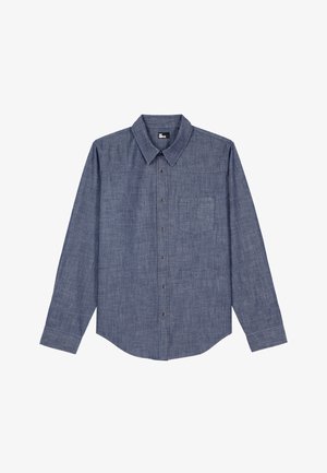 Blauwe chambray overhemd met lange mouwen, een button-down kraag, een voorzak en knoopsluiting, met een effen textuur en ronde zoom.
