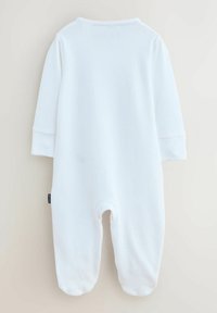 Witte eendelige romper van zachte katoen, met lange mouwen, een ronde hals en drukknoopsluitingen onderaan voor eenvoudig aan-en uitkleden.