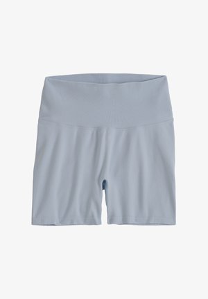 Shorts de cycliste sans coutures, taille haute, à taille côtelée bleu clair, étalés à plat sur un fond blanc.