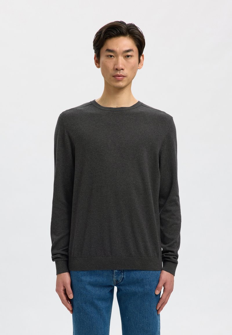 Hombre vestido con un suéter gris oscuro de manga larga y vaqueros azules, de pie frente a un fondo liso y claro, mirando hacia adelante.
